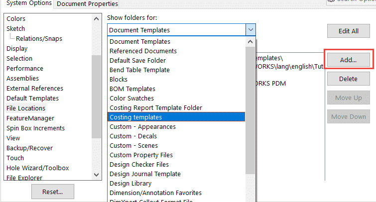 , SOLIDWORKS Costing Template Editor