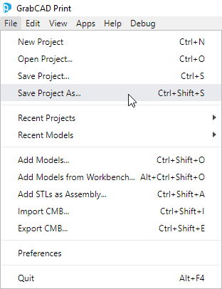 Save the .print project using GrabCAD Print software