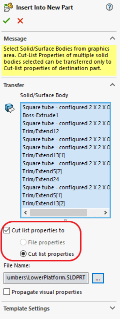 Insert Into New Part PropertyManager, transfer cut list properties