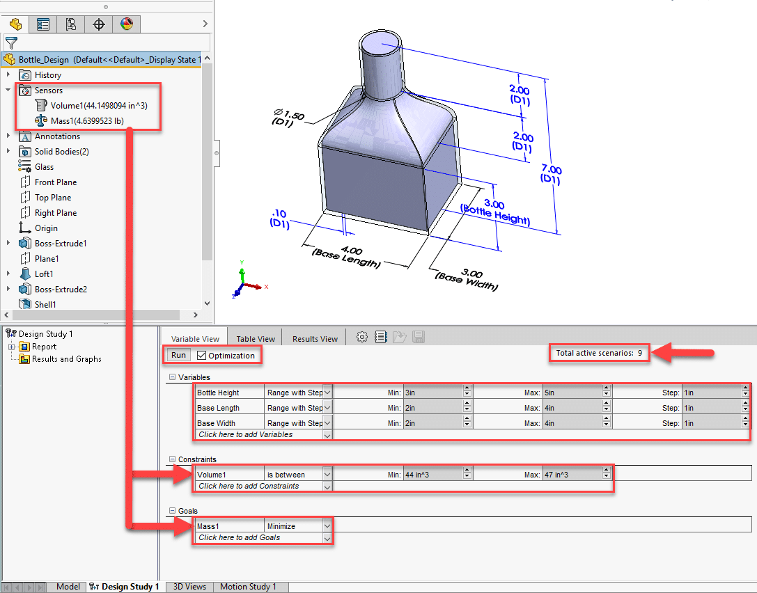 Parameter settings of the Bottle design