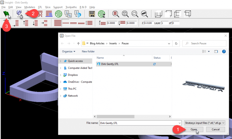 Opening a nameplate STL file in Stratasys Insight software