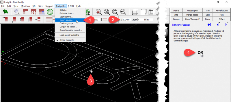 Activating the Insert Pause command in Stratasys Insight