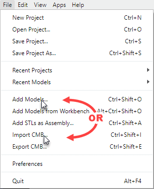 Add Models or Import CMB in GrabCAD Print File Menu