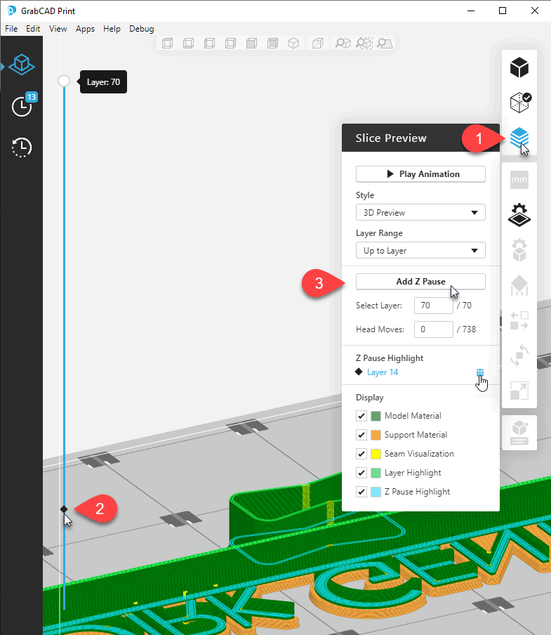 Insert Pause using the GrabCAD Print Layer Preview