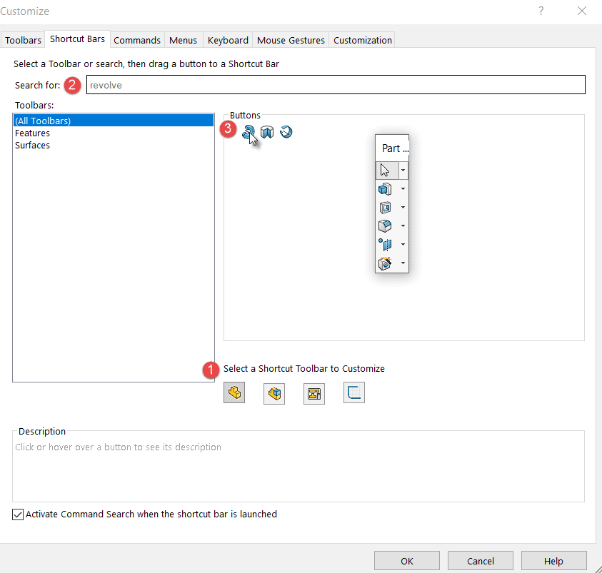 , SOLIDWORKS 2021 What’s New – Searching for Commands in Shortcut Bar Customization