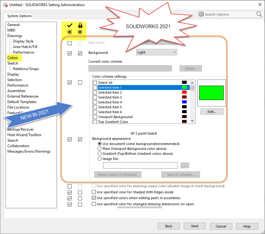 , SOLIDWORKS 2021 What’s New- Configure and Lock Color Settings in Administrative Images