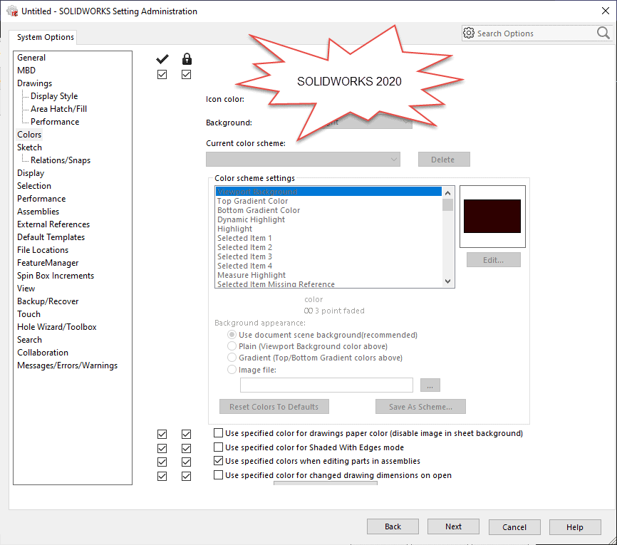 , SOLIDWORKS 2021 What’s New- Configure and Lock Color Settings in Administrative Images