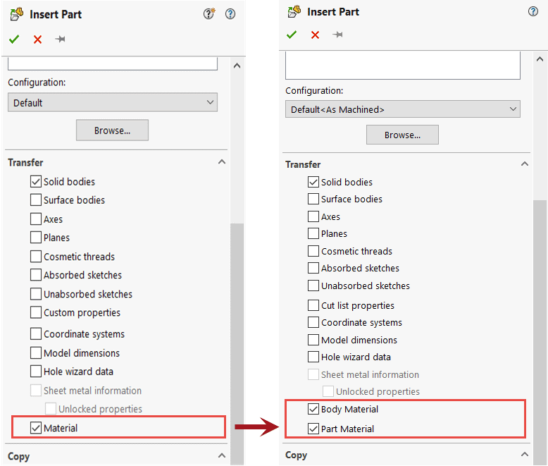 , SOLIDWORKS 2021 What’s New – Transferring Materials for Inserted Parts