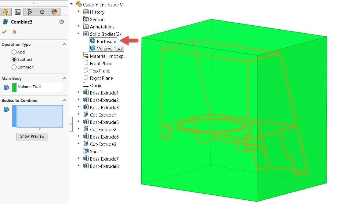 , SOLIDWORKS – Creating Internal Volume – Combine (Subtract)