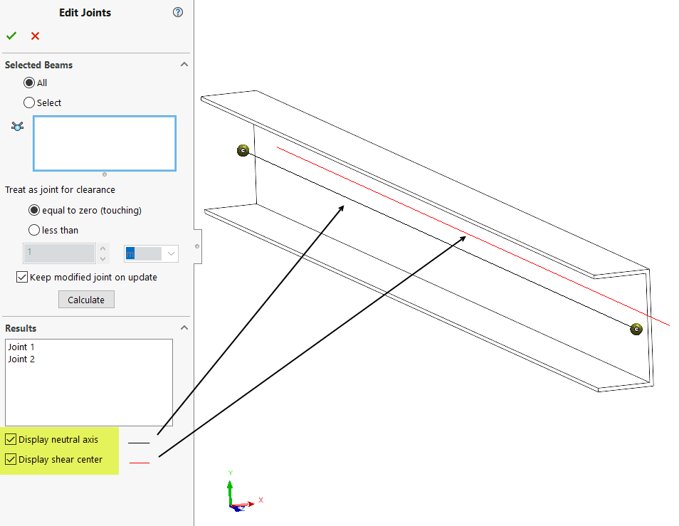 , Neutral Axis, Shear Center and Beam Meshing in SOLIDWORKS Simulation