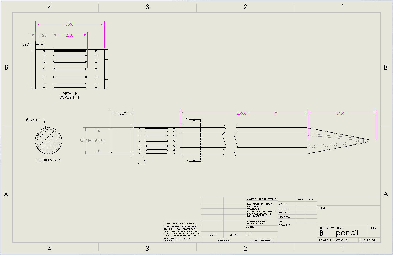 Solidworks design (2D and 3D) of the specimen.