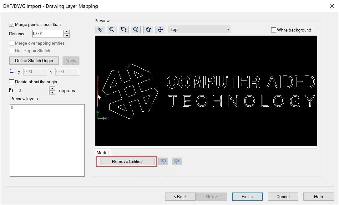 Remove Entities button removes unwanted line entities in DXF import screen page 2.