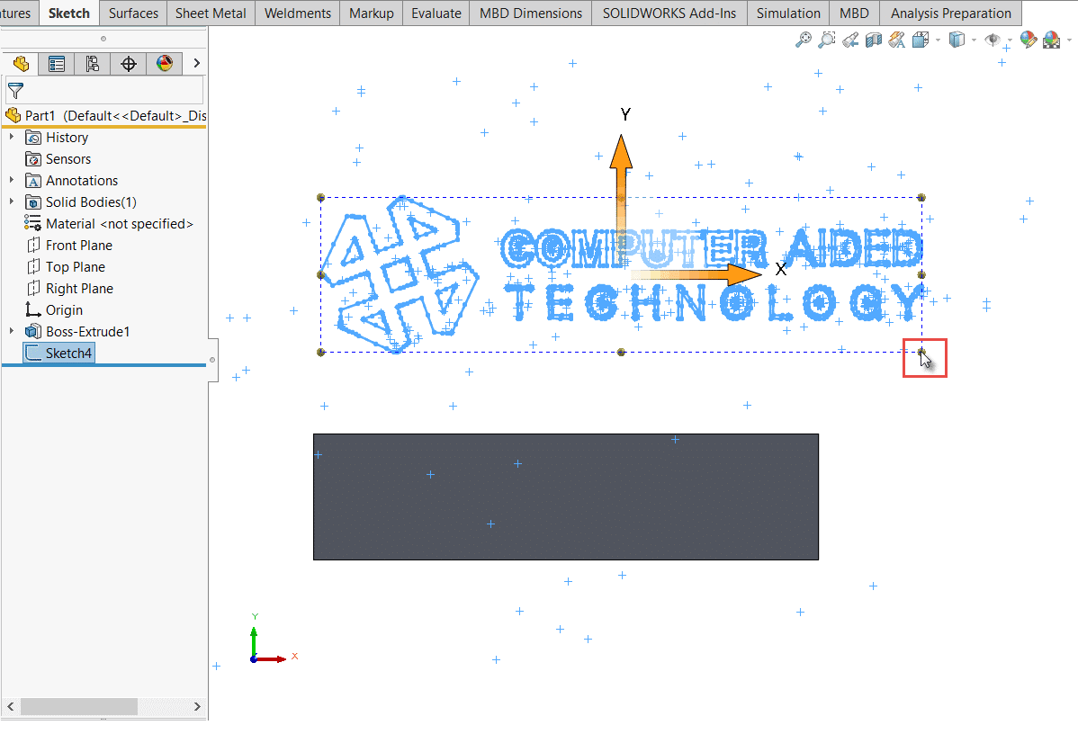 Image showing drag handles for proportionate size reduction of imported sketch