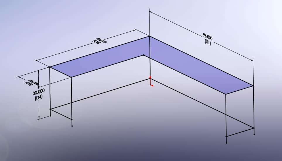 Wireframe model of desk dimensions