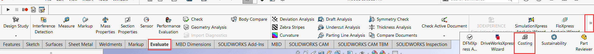 Access costing by going to the Evaluate tab, pressing the double carat symbol at the right (if not already visible) and selecting Costing.