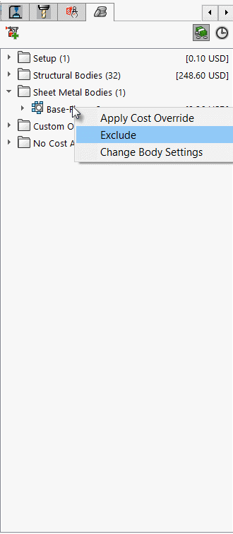 Exclude items from analysis by right-clicking body and selecting "exclude".