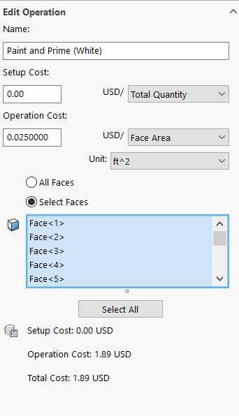 Custom Operation property manager. Operation cost: 0.025 dollars/ft^2