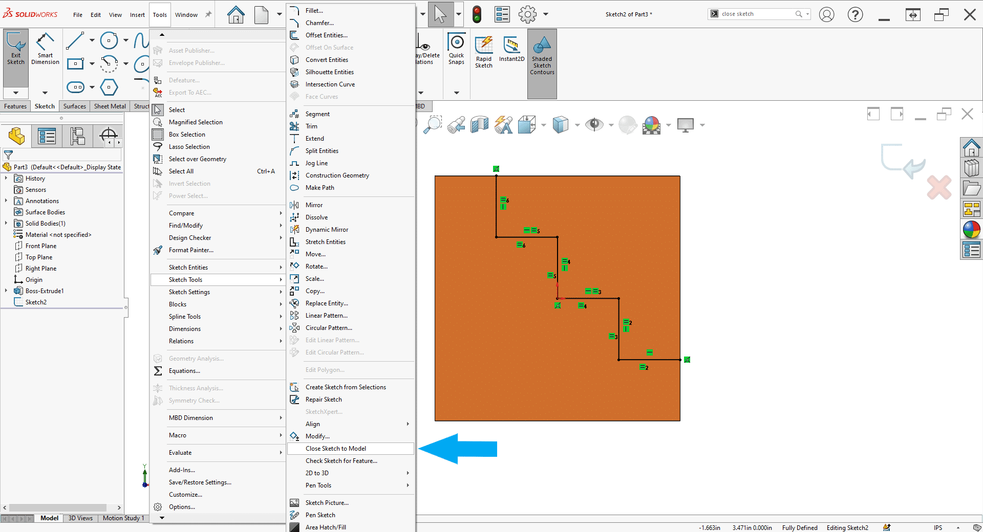 Tools > Sketch Tools > Close Sketch to Model