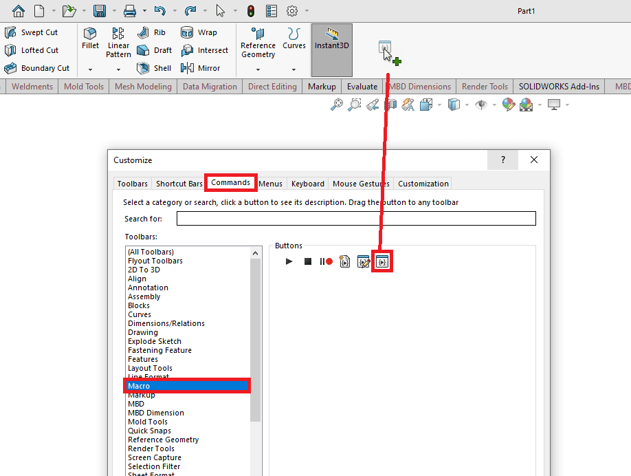 , Creating and Adding a Macro Button in SOLIDWORKS