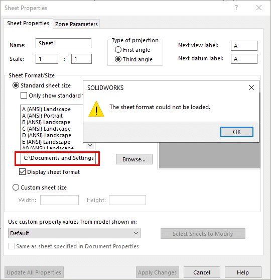 , Why can I not not modify SOLIDWORKS Sheet Properties?