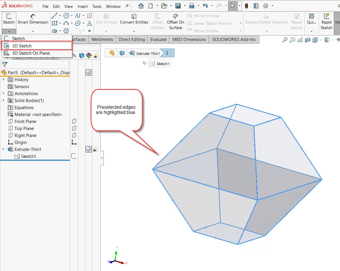 How to use SOLIDWORKS Surface Extrude without Predrawing a Sketch