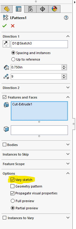 , Patterns: Changing Instance size with the Vary Sketch Option in SOLIDWORKS