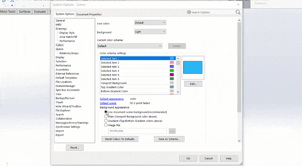 To view the document scene you must use the background appearance option: Use document scene background. Otherwise you will get a pop up error.