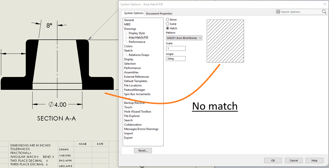 Difference between Hatch settings in System Options and drawing view