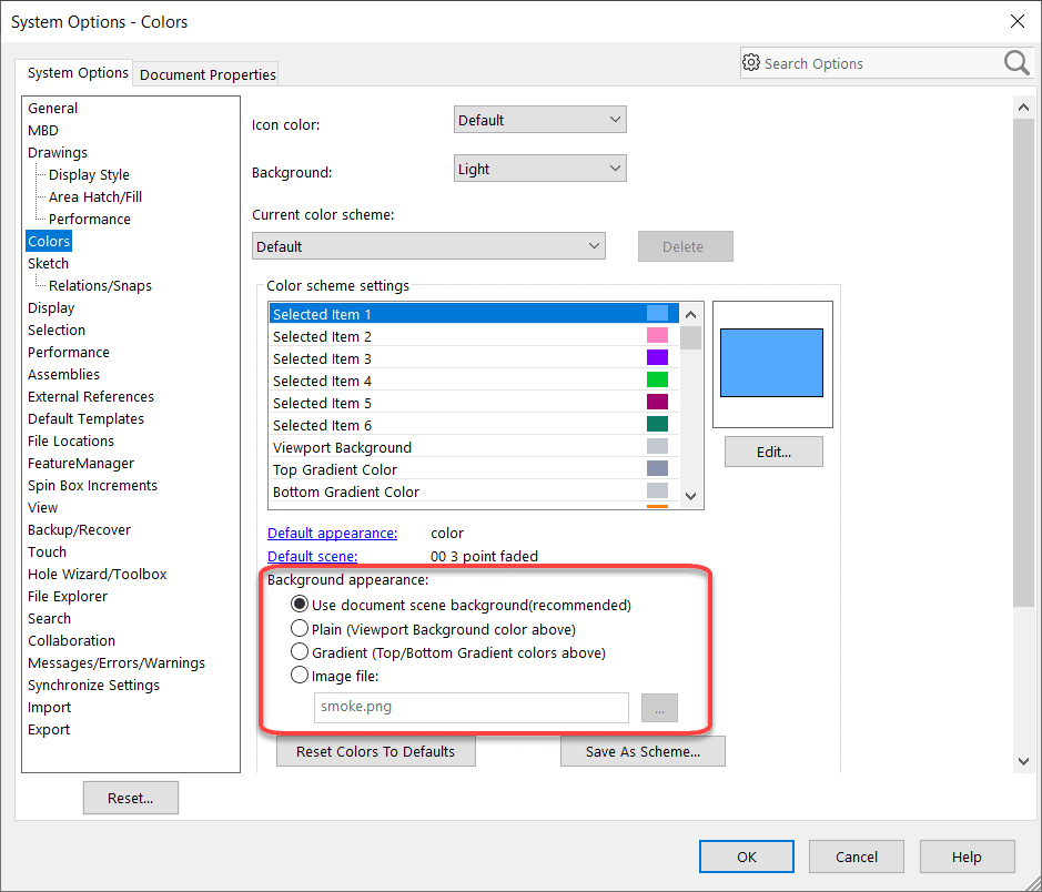 picture showing where to find the part background options, System options, colors tab