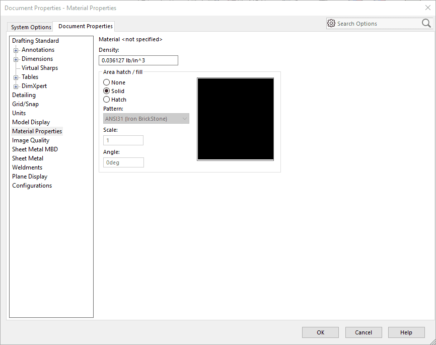 Material Properties driving section view hatch settings