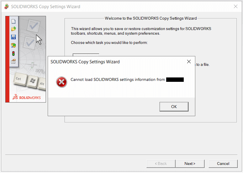Cannot load SOLIDWORKS settings information from [username]&quot; troubleshoot - IME Wiki