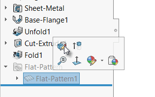Screenshot of FeatureManager; In flat pattern folder, right click "Flat-Pattern1" feature and and select "Edit Feature"