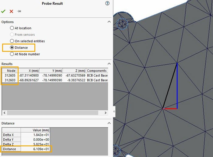 solidworks simulation probe tool distance option property manager