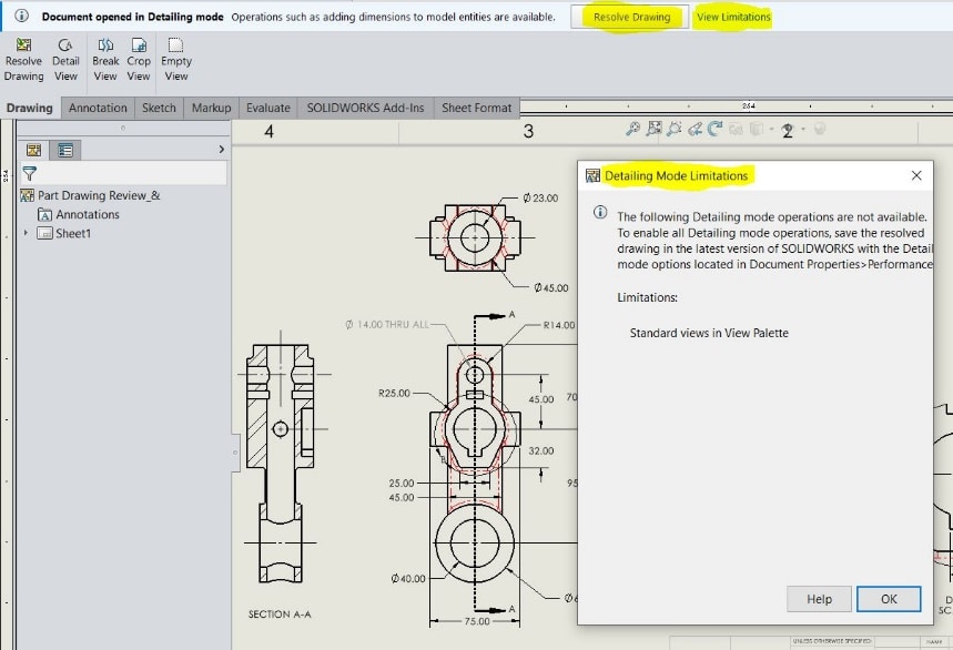 detailing mode limitations window