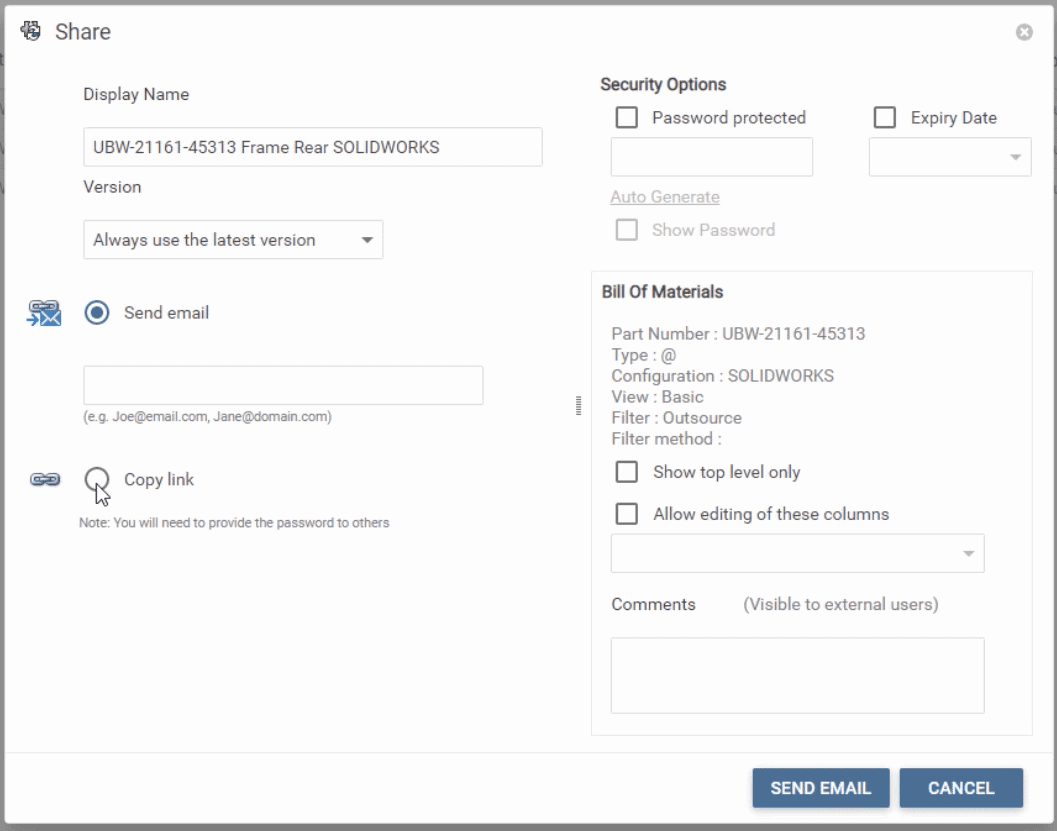 SOLIDWORKS Manage 2022 lets you share a bill of materials with users outside of the manage environment.