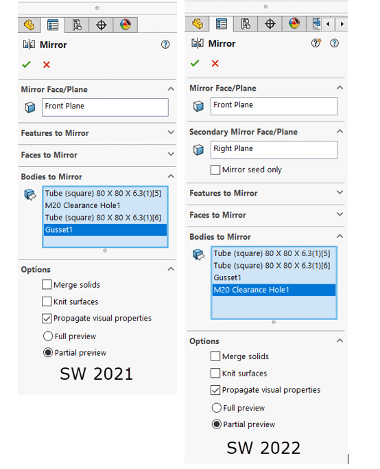 SOLIDWORKS 2021 2022 Propertymanager comparison mirror