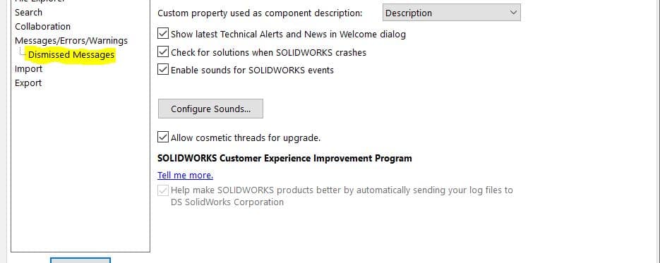 Dismissed messages menu solidworks 2022