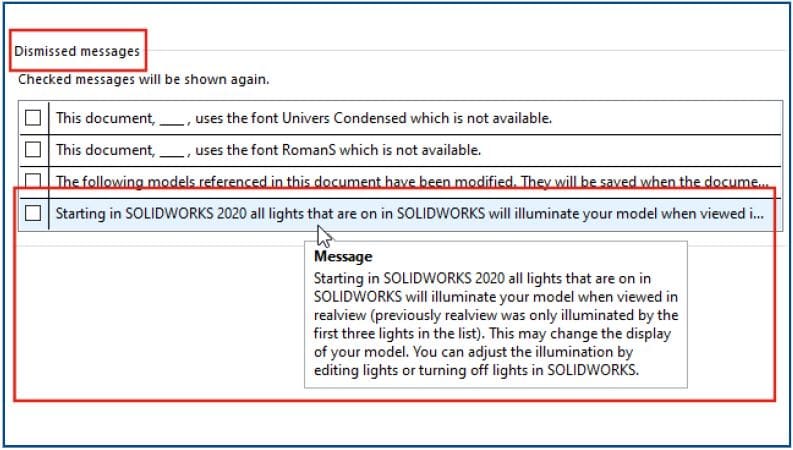 dismissed messages message solidworks 2022