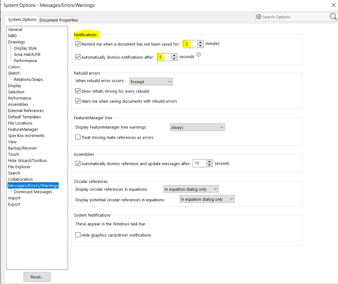 solidworks 2022 messages errors warnings menu