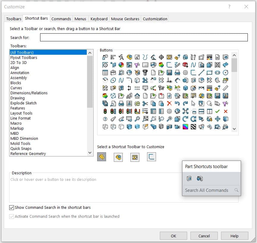 solidworks 2022 shortcut toolbar