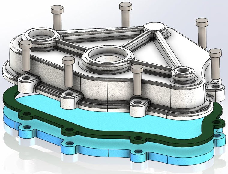 SOLIDWORKS assembly with two cast parts, a gasket, and seven fasteners
