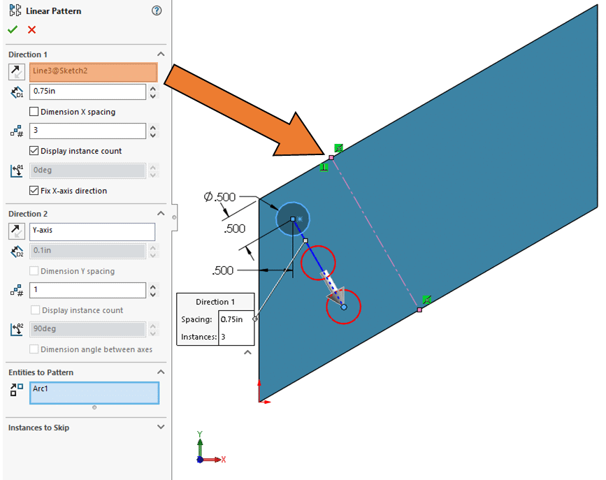 Using a sketch line as the Linear Sketch Pattern direction