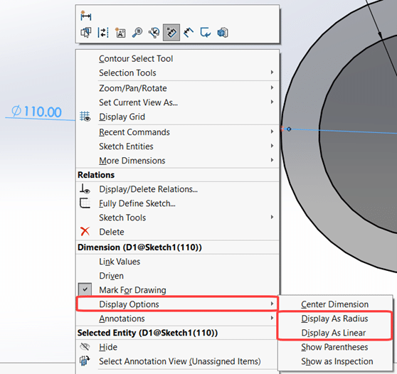 solidworks 2021 Radius Diameter Dimension Switch