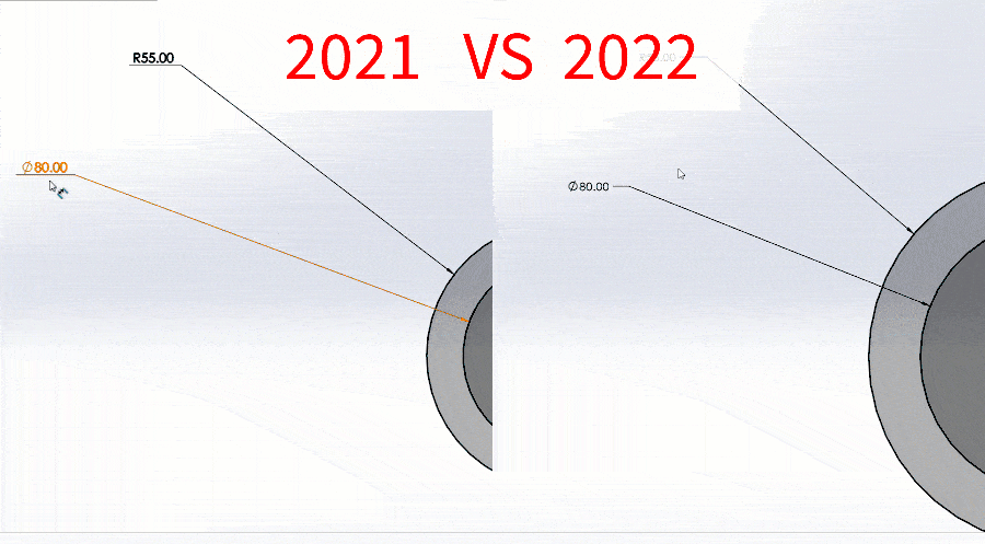 solidworks 2021 2022 Radius Diameter Dimension Switch comparison