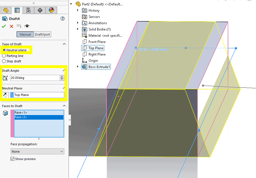 solidworks 2022 adding draft from neutral plane