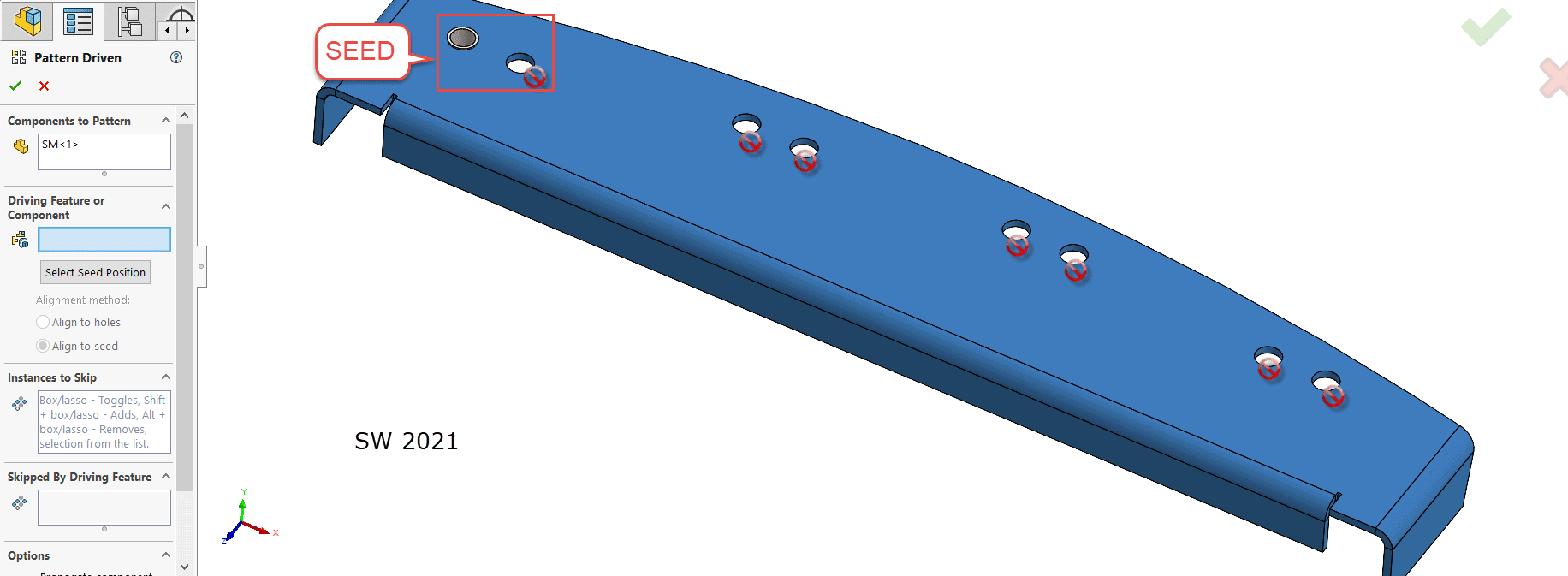 Sheet metal component in SOLIDWORKS with 2 hole wizard seed holes, patterned into 4 separate instances.