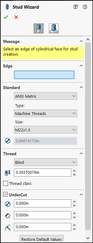 solidworks 2022 stud wizard menu