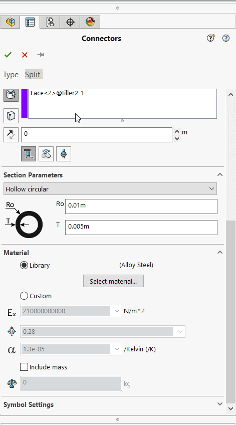 Linkage Rod Property Manager options for specifying the cross section of the connector