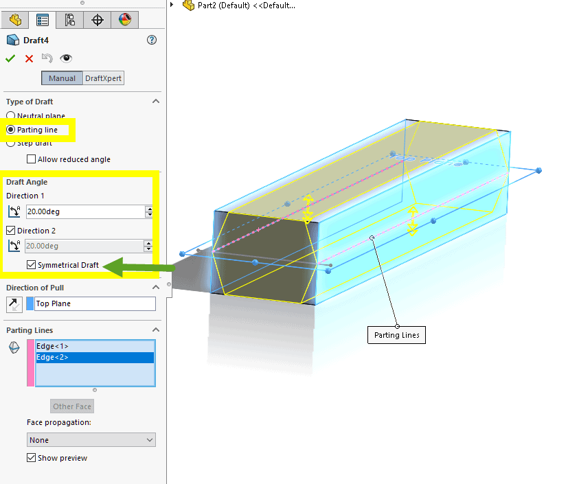 solidworks 2022 adding draft using a parting line