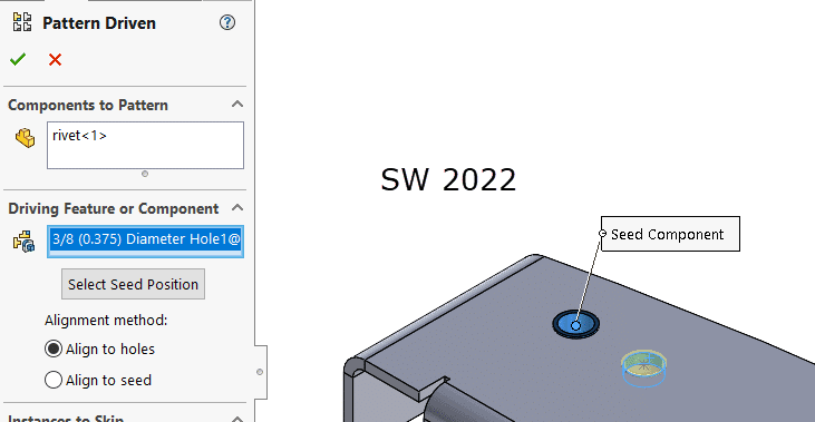 SW 2022 representation of Pattern Driven Component Pattern command, showing that you can select a seed instance.
